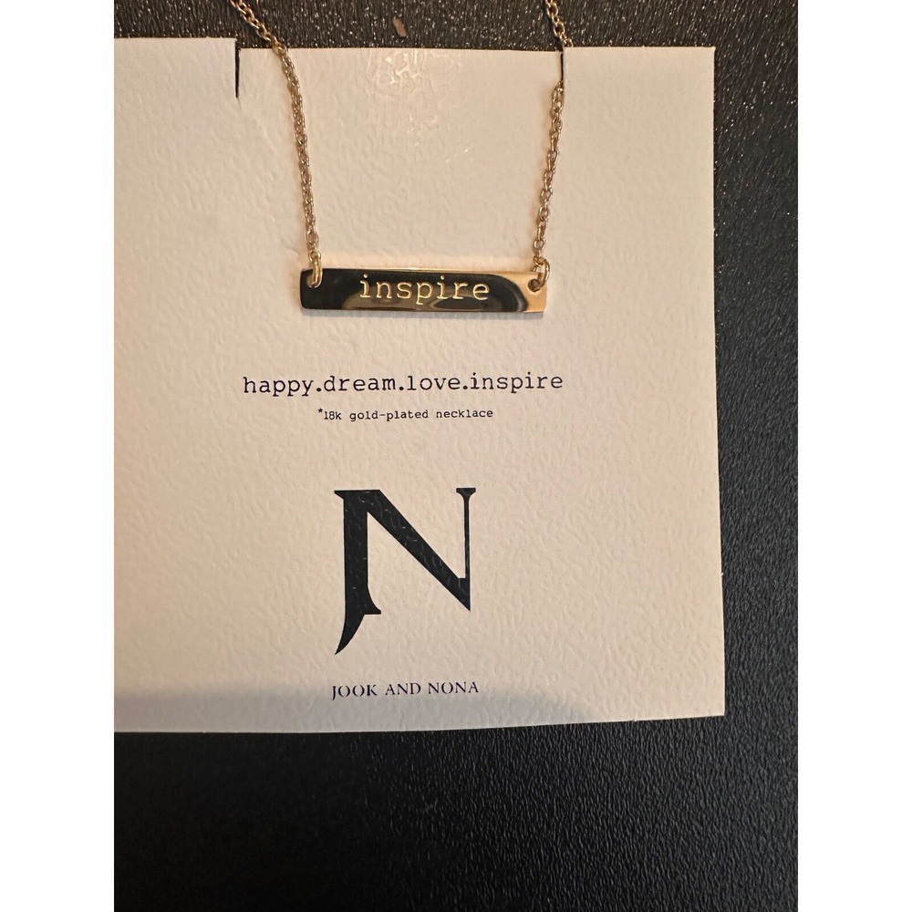 Jook and Nona 'Inspire' 18K Gold Plated Bar Pendant Necklace Engraved New 18"